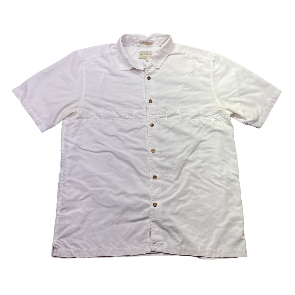 Quiksilver Waterman Mens White Embroidered Palm Tree Button Down Shirt Large